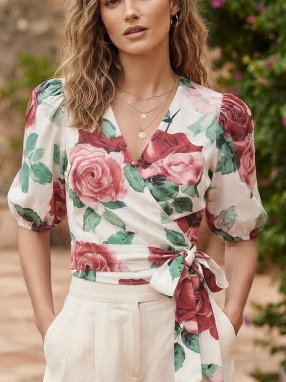 Rose-Print Wrap Blouse with Puff Sleeves - Pink Rose